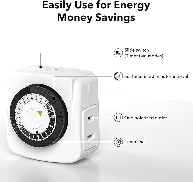 BN-LINK Indoor Timers Plug Mechanical 2 Prong 24-Hour Mini Lamp Timers 2 Pack, for Electrical Outlets, Fish Tank, Fans, LED Lights