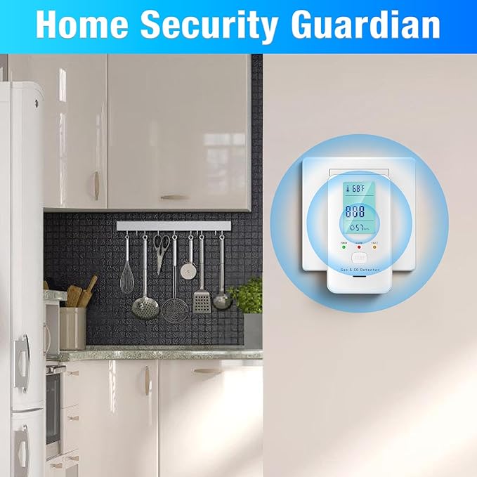 4in1 Combustible Natural Gas & Carbon Monoxide Detector, CO Leak Detector Home Air Quality Monitor with Digital Display for Temperature and Humidity, Kitchen & RV Alarm