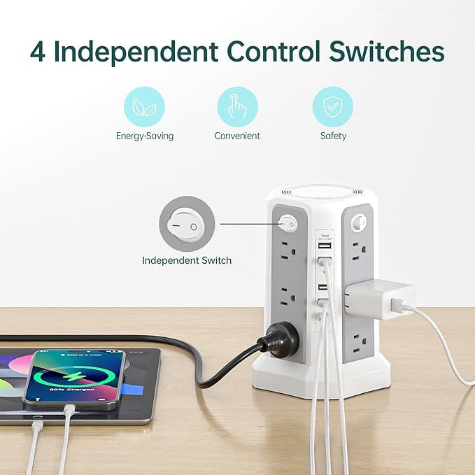 Surge Protector Power Strip Tower with PD18W USB C Port,10FT Extension Cord with 12 AC Mutiple Outlets 5 USB Charging Ports, PASSUS Power Tower Surge Protection for Home Office Dorm Room