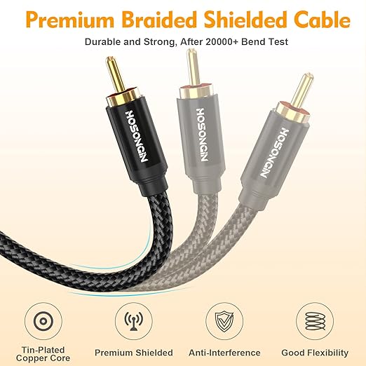 HOSONGIN RCA Splitter 1 Male 2 Female Audio Cable (2 Pack), 24K Gold-Plated Plug, Cotton Braided Jacket, Dual Shielded Y Splitter Adapter for Amplifiers, TV, Home Theater, Hi-Fi Systems -12 inch