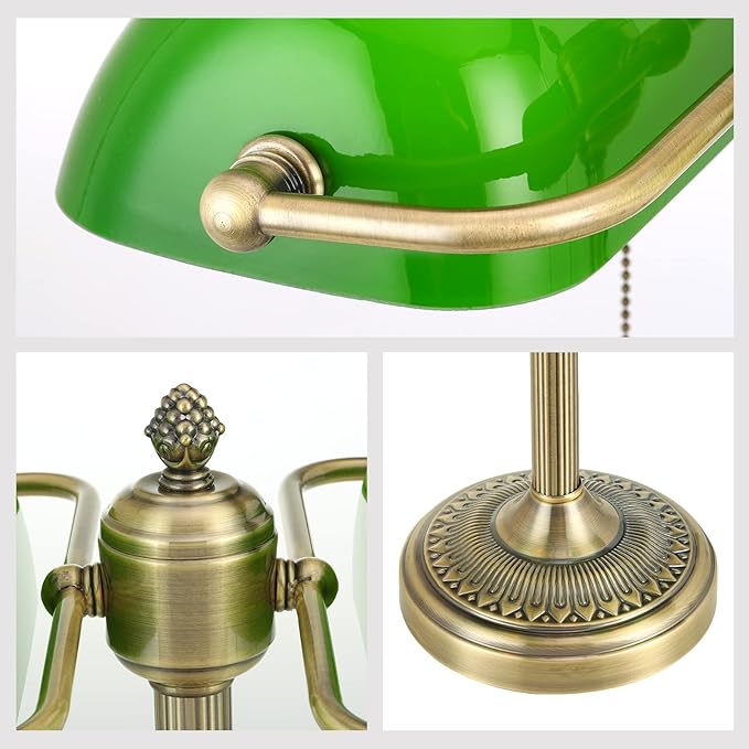Newrays Green Double Head Glass Bankers Desk Lamp with Pull Chain Switch Plug in Fixture for Library, Office, Cafe