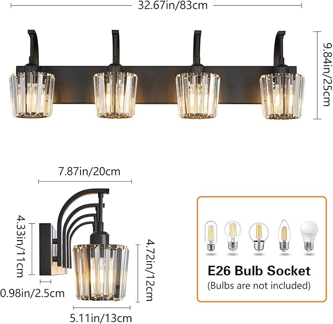 FDPBY Modern Bathroom Vanity Light, 4-Light Black Wall Sconce with Crystal Accents, Over Mirror Bathroom Lighting Fixture, 32.67" Long Dimmable Vanity Lamp for Makeup, Easy Installation