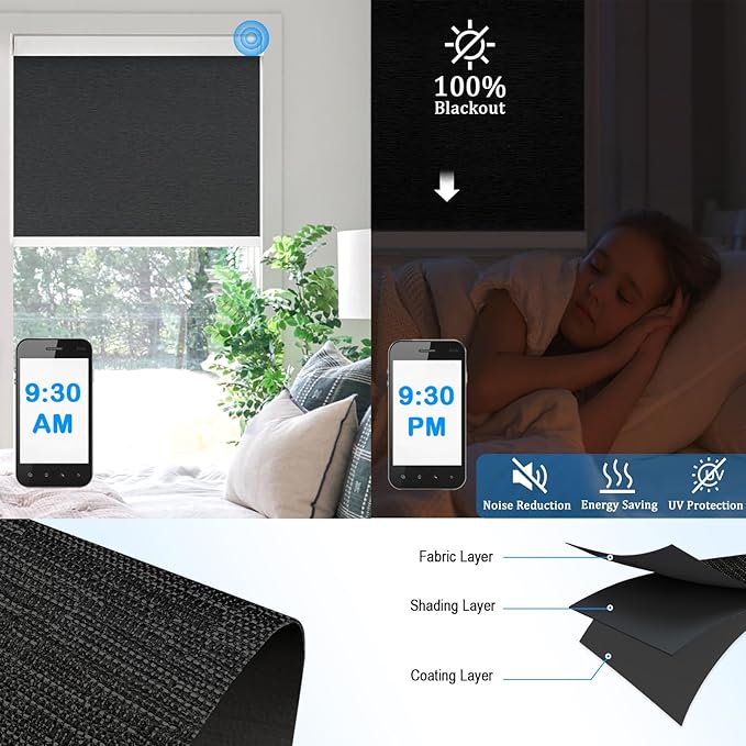 COOLWINDS Motorized Blinds with Remote Cordless Automatic Motorized Shades Custom Blinds for Windows Smart Curtains Compatible with Alexa Google Home(Blackout Jacquard Black,W58 x H72in)