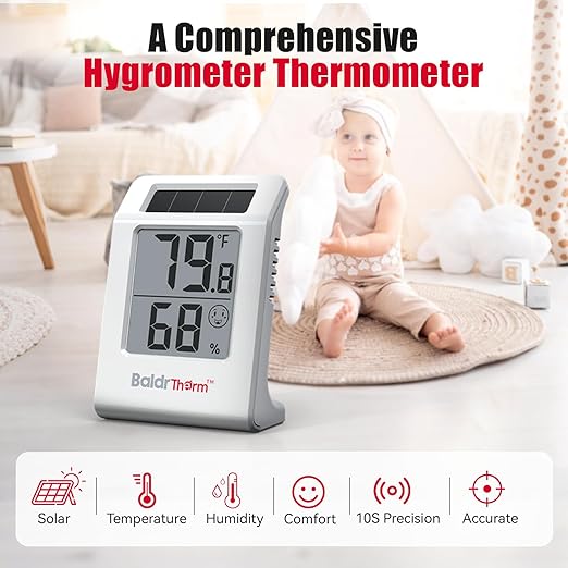 BaldrTherm 2.2'' Digital Thermometer and Hygrometer Meter, Solar-Powered Indoor Temperature Sensor Humidity Monitor, Humidity Gauge for Baby Rooms, Bedrooms, Home, Office, and Wine Cellars, 1Pack