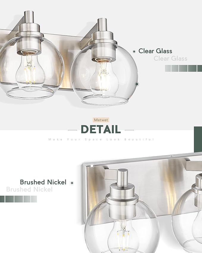 METWET Bathroom Light Fixtures, 5 Light Brushed Nickel Vanity Light, 32 Inch Modern Wall Sconces with Globe Clear Glass Shade, Vanity Lighting Fixtures Over Mirror, VL195-BN-CL-5