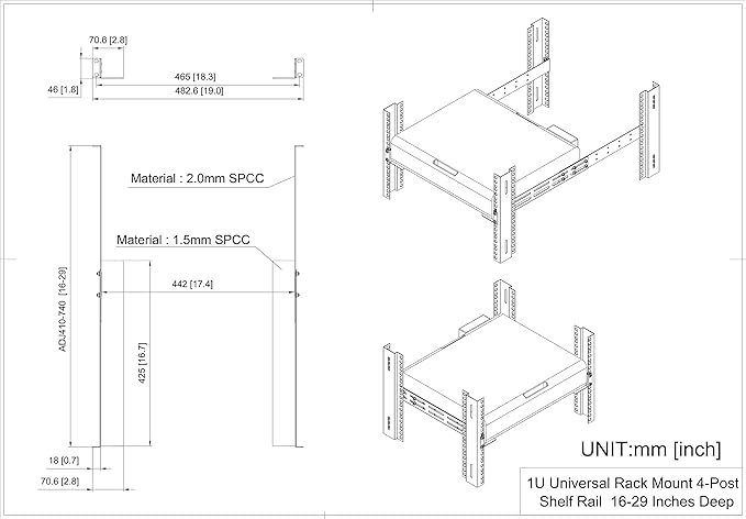 QiaoYoubang 1U Universal Rack Mount Rails- 4-Post Server Rack Shelf Rail 16-29 inches Adjustable Depth for APC HP IBM DELL Compaq