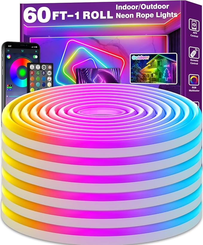 SINLEY Led Neon Rope Lights 60FT,Control with App/Remote,Flexible Led Rope Lights,Multiple Modes,IP68 Outdoor RGB Neon Lights Waterproof,Music Sync Gaming Led Strip Lights for Bedroom Indoor