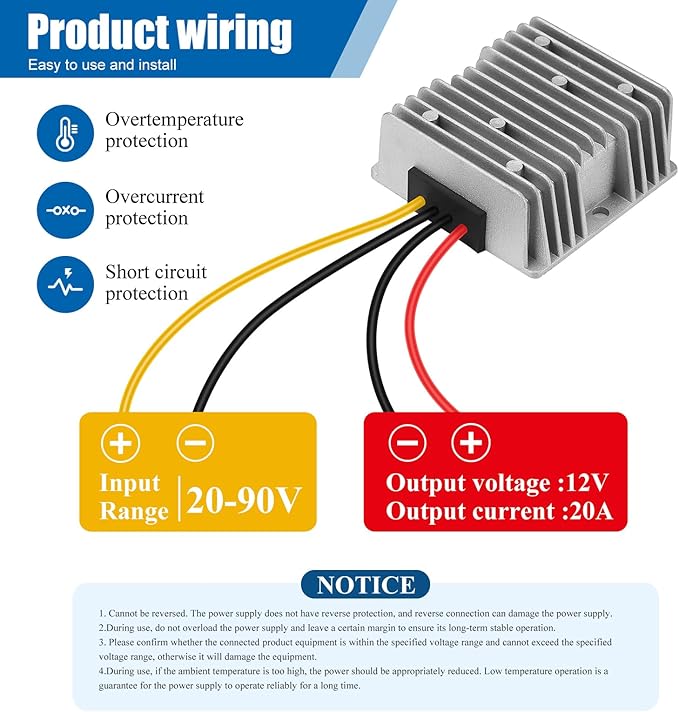 Yancincny 240W Dc-Dc Step Down to 12V Converter, DC 90V 72V 60V 48V 36V 24V to 12v Voltage Converter 20A Regulator Step Down to 12V dc Converter Reducer Power Supply Transformer Module for Golf Cart