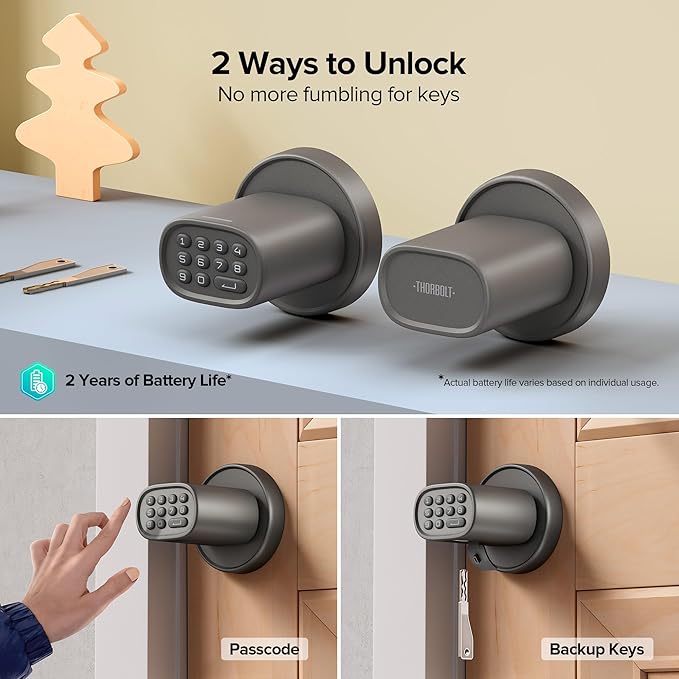 ThorBolt Door Lock Knob with Keypad Keyless Entry Door Knob Electric Coded Indoor Door Knob for Interior Doors Thickness up to 2-1/4", Bedroom, Home Office, Garage, 4xAA Alkaline Battery, M1 Titanium