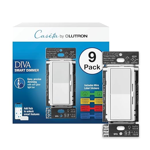 Lutron Diva Smart Dimmer Light Switch for Caseta Lighting (Lutron Smart Hub Required), for LED Lights, 150W, Single-Pole/3-Way, No Neutral, White, 9 Pack