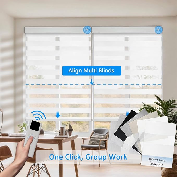 COOLWINDS Motorized Zebra Blinds for Windows Cordless Electric Curtains with Remote Control Blackout Shades Custom Smart Blinds Compatible with Alexa Google Home?Febric Color Swatches?