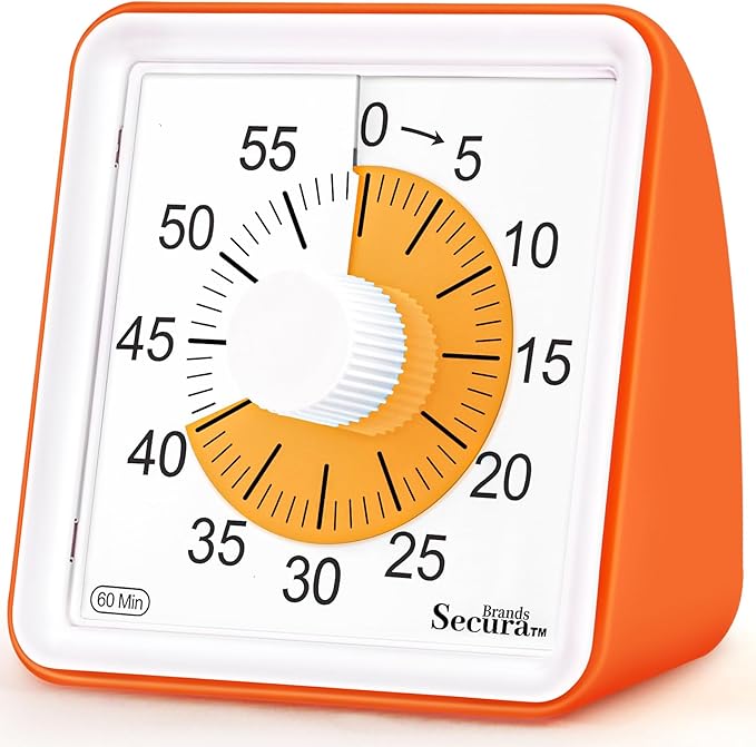Secura 60 Minute Essential Visual Timer for Kids, Countdown Clock Timer for Special Education, Classroom, School, Desk, Home, Office, Silent Non-Ticking Time Management Tool (Orange & Orange)