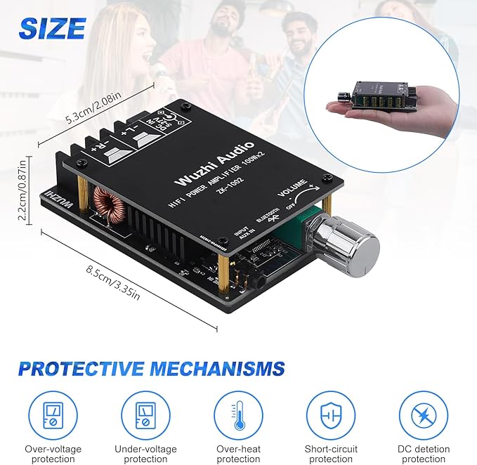 ZK-1002 Bluetooth 5.0 Audio Amplifier Board, 100W x 2 2.0 Channel Mini HiFi Power Amplifier Receiver with Volume Control, BT and AUX Inputs, DC 5-27V Stereo AMP Module for Home DIY Speakers
