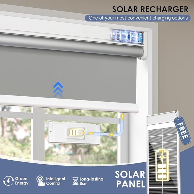 Motorized Roller Blinds with Remote Control & Solar Panel - 100% Blackout Smart Blinds, Automatic, Cordless, Electric Shades - Compatible with Alexa - Grey, 35" W x 72" H