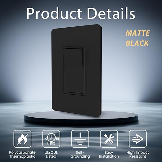 ThunderWay Matte Black 3 Way Decorative Light Switch with Plate, 15 A 120/277 V Rocker Paddle Wall Switch Replacement, Self-Grounding, Residential Grade, Wall Plate, UL Listed (30 Pack)