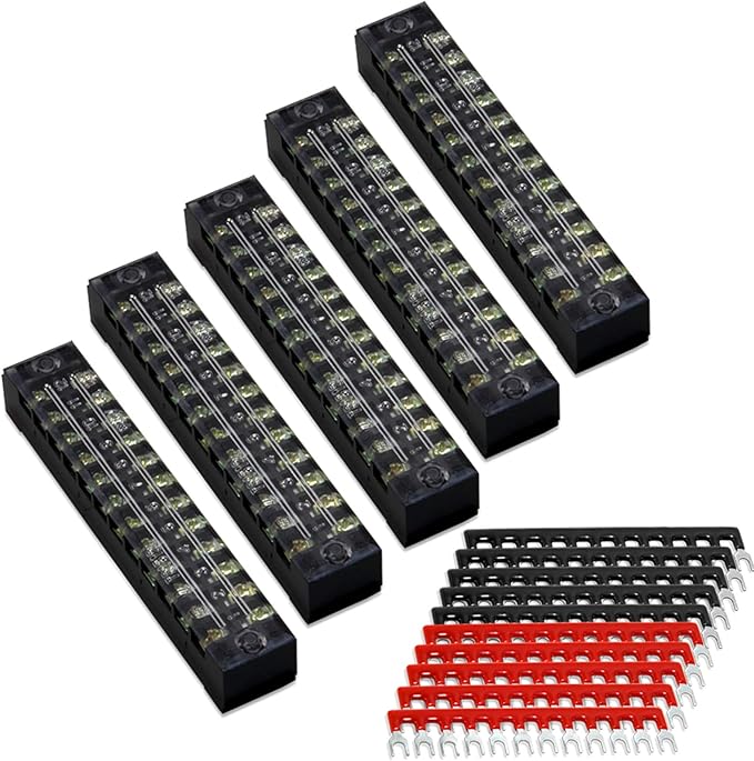 MILAPEAK Terminal Block and Strip - 5pcs 12 Positions 600V 15A Dual Row Screw Terminal Blocks with Cover + 10pcs 400V 15A 12 Positions Pre-Insulated Terminal Barrier Jumper Strips Black & Red