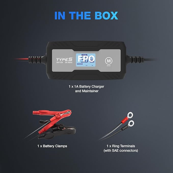 Type S 1A Smart Battery Charger & Maintainer, 6V & 12V Fully Automatic Trickle Charger, Low-Voltage Recovery, Auto-Voltage Detection, Sulfation Prevention – for Cars, Motorcycles, ATVs, Boats & More