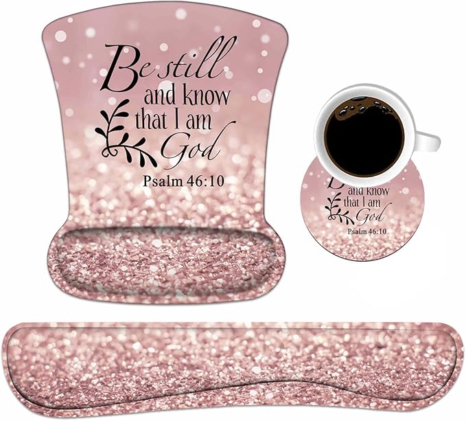 Keyboard Wrist Rest and Mouse Pad Wrist Support Set with Coasters, Non-Slip PU Base Ergonomic Gaming Mousepad for Home Office Working Studying Easy Typing & Pain Relief, Bible Verses Psalm 46:10