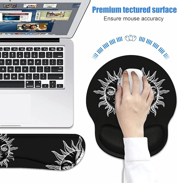 Keyboard Wrist Rest + Mouse Pad Wrist Support Set with Coasters, Moon and Sun with Many Fractal Faces Celestial Energy Mystic Art Wrist Mouse Pad with Non-Slip PU Base for Home Office Working Studying