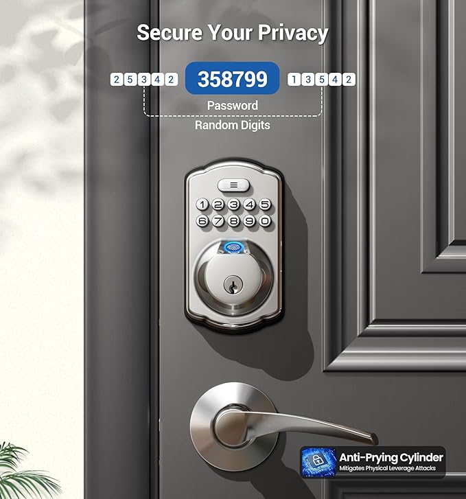 Veise Fingerprint Door Lock with 2 Lever Handles - Keyless Entry Door Lock, Electronic Keypad Deadbolt, Digital Smart Code & Front Handle Sets, Auto-Locking, Easy Installation, Satin Nickel