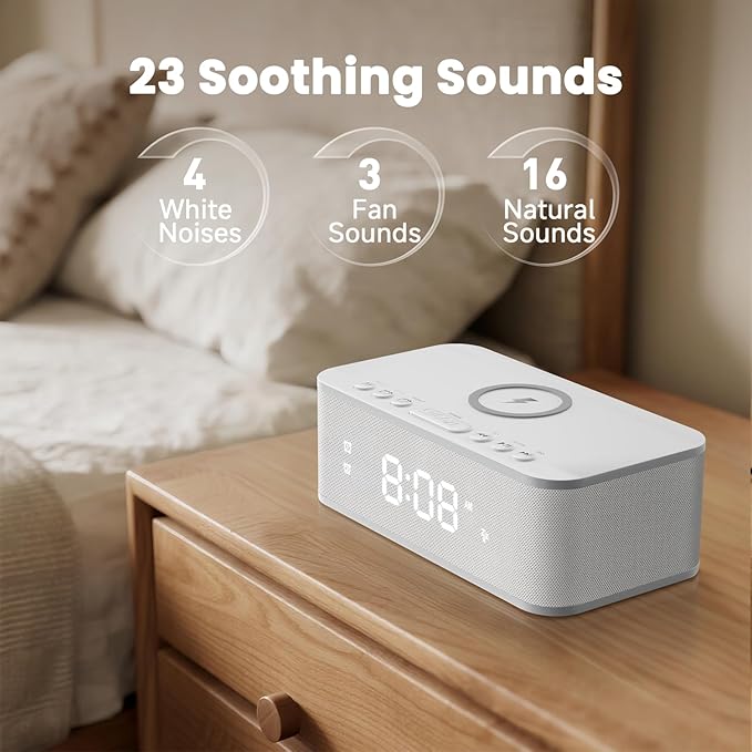 Fansbe Direct Digital Alarm Clock White Noise, Loud Digital Alarm Clocks Bedrooms, Alarm Clock Speaker Wireless Charger AUX USB Bluetooth Speaker 12/24H Dual Alarm Snooze Adjustable Brightness, White