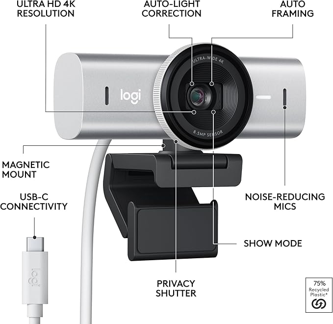 Logitech MX Brio Ultra HD 4K Collaboration, Streaming Webcam, 1080p at 60 FPS, Show Mode, Works with Microsoft Teams, Zoom, Google Meet, Nintendo Switch 2 New GameChat Mode - Pale Gray