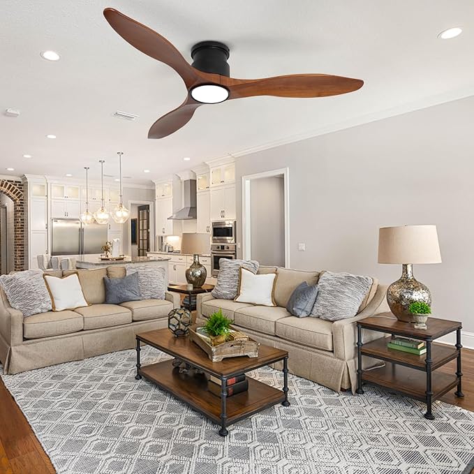 revoici 52Inch Wood Ceiling Fans with Lights and Remote Control, Indoor Outdoor Ceiling Fans Farmhouse, Low Profile Ceiling Fan with Light Timing 6 Speeds 3 Color Light Memory Lighting Reversible