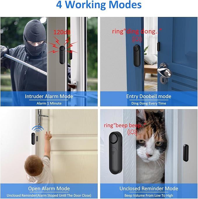 AKOYU Window and Door Alarm When Opened (2 Pack) for Kids Safety/Home Security, Wireless Opening Sensor Alarms for Sliding Glass Door, 120dB Burglar Alert, Ideal for Business,Garage,Apartment, Black