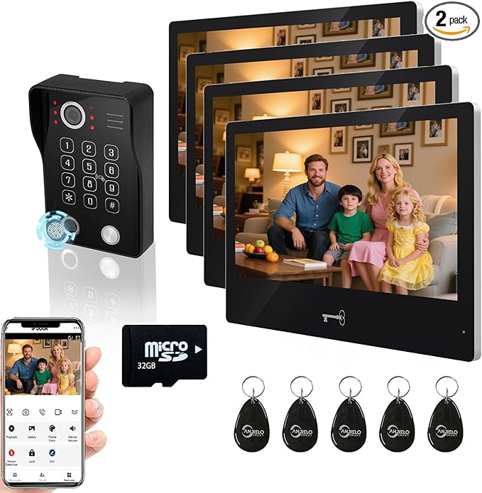 Wired Video Apartment Intercom System,Door Phone Kit,10 Inch Touch Monitor with 1080P HD Doorbell Camera,Supporting Motion Detecting 5 in 1 RFID Card Unlcking for Home Villa (1 Doorbell + 4 Monitor)