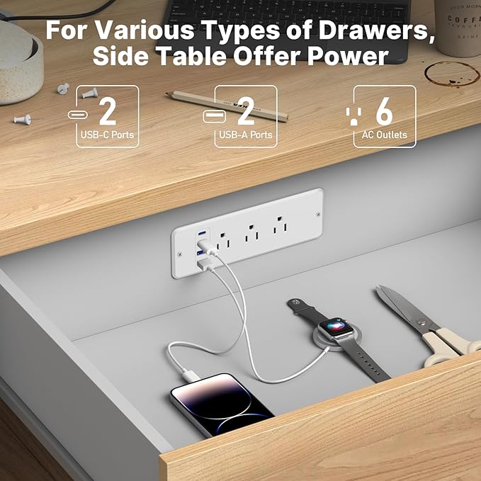 CCCEI 6 Outlets Dual Side Recessed Power Strip with USB C Ports, Furniture Flush Mount, Under Desk, Desk Top Multiple Outlets, Hidden Charging Station for Conference Table, Nightstand, White. 10FT.