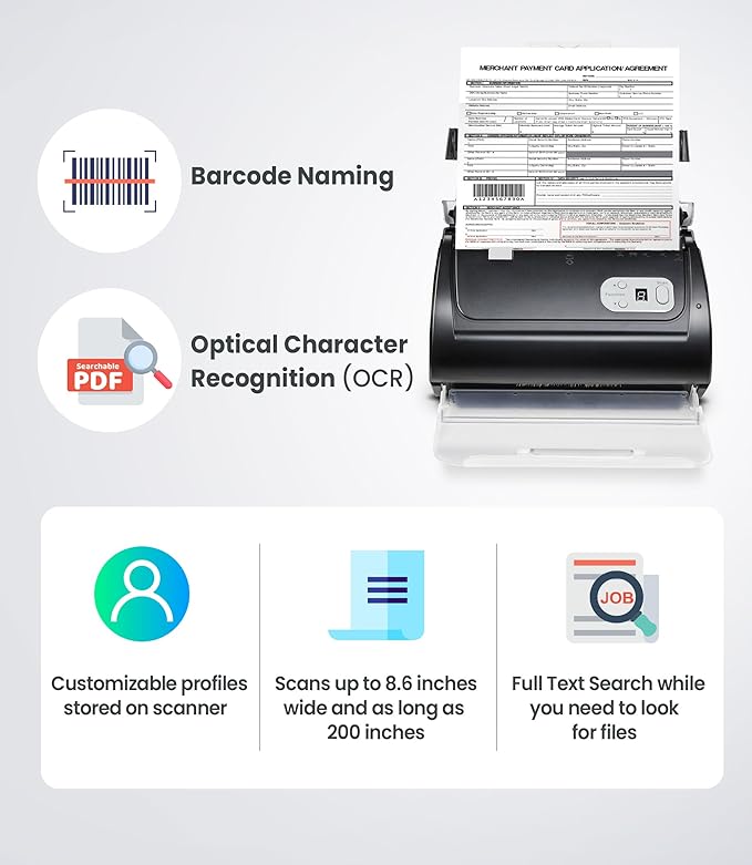 Plustek PS188 High Speed Double-Sided Color Document Scanner, with Automatic Document Feeder (ADF), 30 Pages Per Minute, Support Windows 7/8/10/11