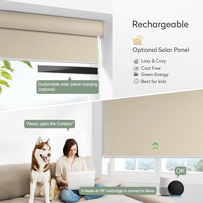 ZSHINE Motorized Blackout Roller Blinds Customize Width Remote Control Wireless and Rechargeable Roller Shades for, Home, Office, Hotel, Restaurant and Cinema(82067C)