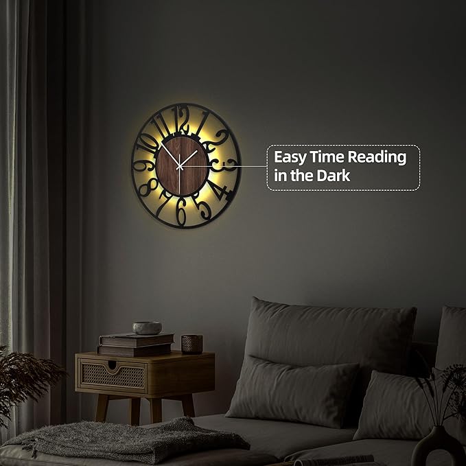 Casaformia 20'' Silent Wall Clock with Night Light, Glow in The Dark Decorative Wall Clock Battery Operated, Rustic Modern Metal & Wood Clocks for Bedroom Living Room Decor, Arabic Numerals