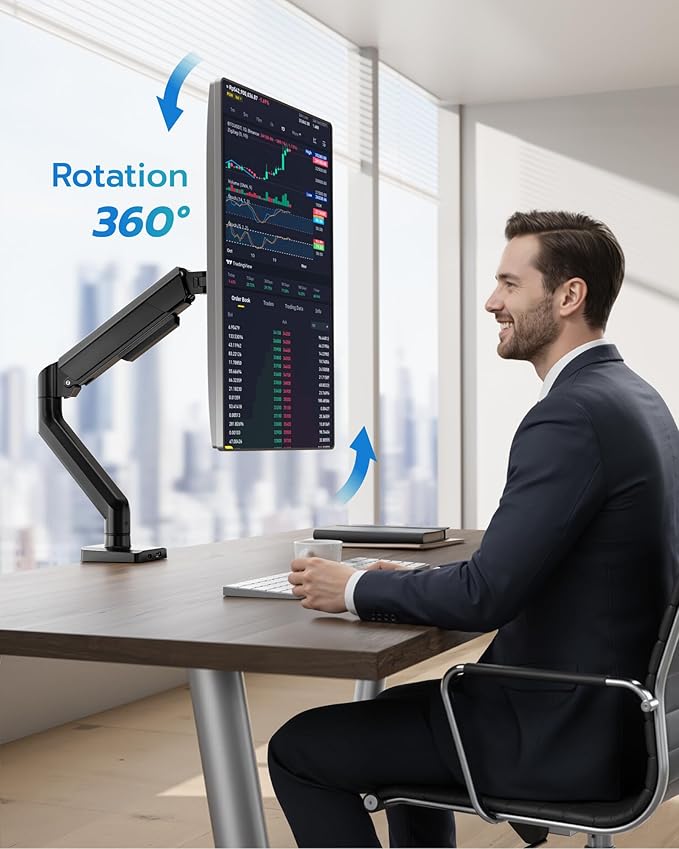 ARES WING Heavy Duty Single Monitor Arm - Fully Adjustable Monitor Mount for 40 34 32 27 Inch Ultrawide Screens Up to 26.4 lbs with Clamp/Grommet Desk Mount and USB A/C, 75/100 Vesa Mount, Black