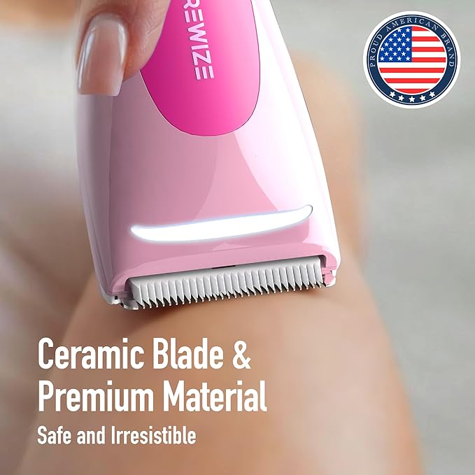 BAREWIZE Bikini Trimmer for Women, Electric Shaver for Women | LED Light, IPX7 Waterproof, USB-C Rechargeable, Ceramic Blade | Electric Razors for Women, Pubic Hair Trimmer Women (Petal Bonbon)