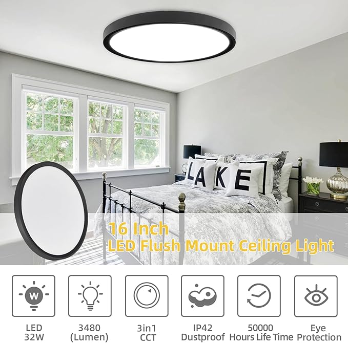 RLEDPZTX Led Flush Mount Ceiling Light,16 Inch 32w 3480lm,3000k/4000k/6000k 3CCT Selectable, Round Modern Flat Panel Super Slim Led Ceiling Light,for Living Dining Kitchen Bedroom Room (2Pack-Black)