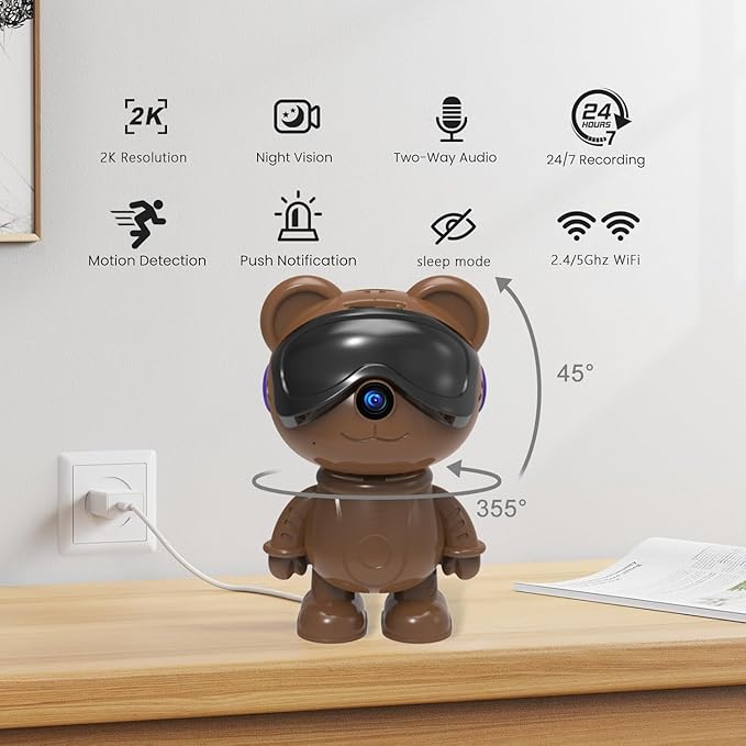 dzcctvipc Cute Bear 2K Robot & Pet Camera – Hidden Indoor Security, Motion & Baby Cry Detection, Privacy Mode, 5G Dual-Band, Pan & Tilt, Full HD Night Vision, 24/7 Recording, 2-Way Audio