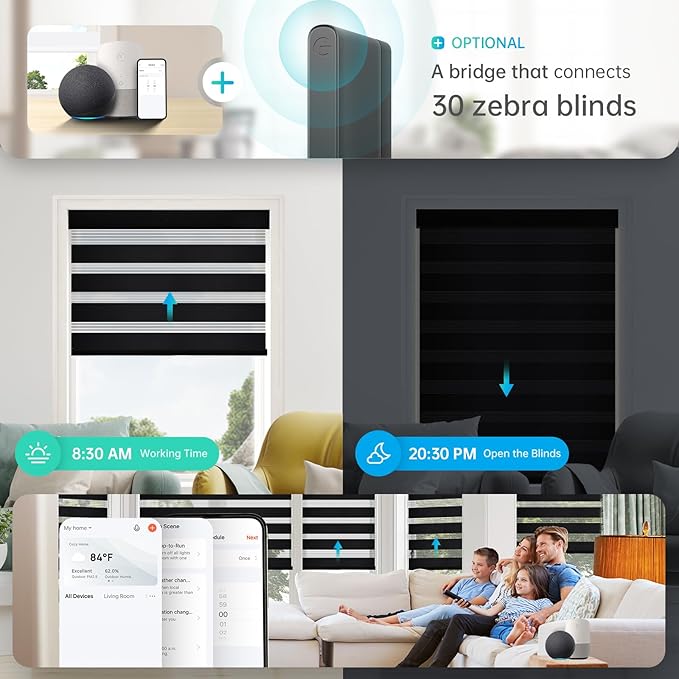 Motorized Zebra Blinds, Solar Powered Dual Layer Automatic Shades with Remote Control, Rechargeable Smart Blinds Horizontal Wireless Electric Shades for Windows, Custom Size, Black， 30 x 72