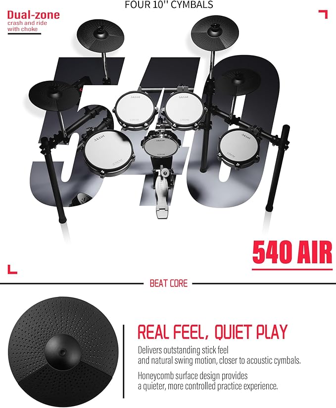 AKLOT Electric Drum Set with Kick-Tower: 4 Dual Zone Mesh Pads, 8’’ Tower-Style Kick Drum, 10’’ Snare, Dual Zone 10’’ Cymbals with Choke, 360 Sounds, User Kit, USB-MIDI, Throne, B-CORE 540 Air, Black