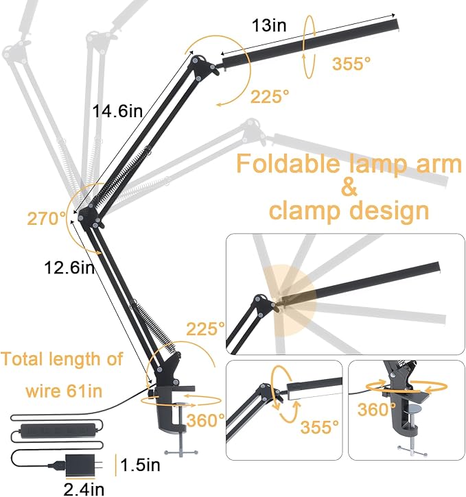 TROPICALTREE LED Desk Lamp for Home Office, Clamp-On with 5 Light Modes & Auto Shut Off | 14W Adjustable Brightness 5000K Eye-Caring Lighting for Study/Bedroom/Computer Desk