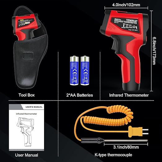 Infrared Thermometer Temperature Gun, TEMIRUP Digital IR Laser Thermometer -40°F~1472℉,K-Type Probe -40°F~1202°F, IR Temp Gun for Cooking, Pizza Ovens, Griddles, Meat, HVAC, Home & Industrial
