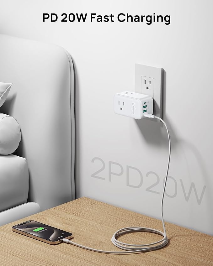 TROND Outlet Extender with 360 Rotating Plug, 3 AC Outlet Splitter with 2 PD 20W USB C Charger, USB Wall Plug Adapter, A Small Charging Station for Kitchen Bathroom Cruise Ship Travel Essentials