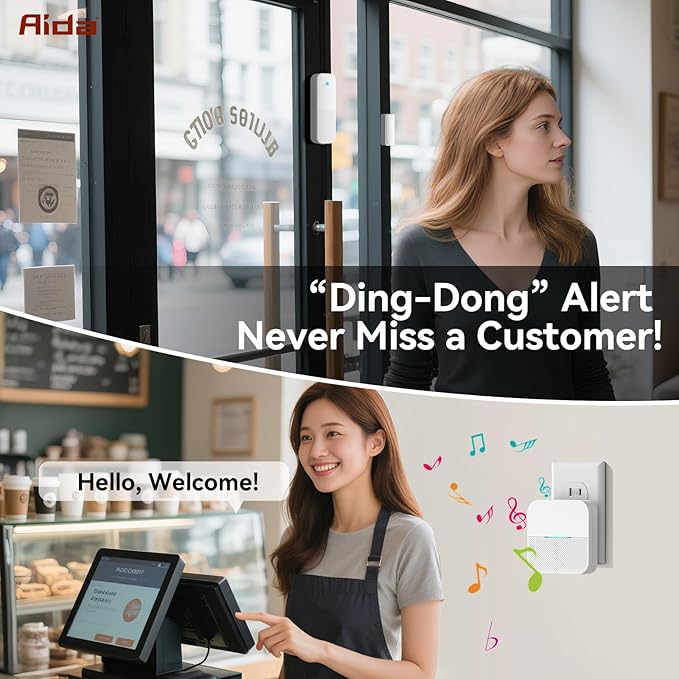 AIDA Door Alarms When Opened Wireless Ring Chime Sensor Alarm for Business/Home/Kids - 600ft Range, 58 Ringtones, 5 Volume Levels, Open Alert, Easy Install (1 Receiver + 3 Sensor)