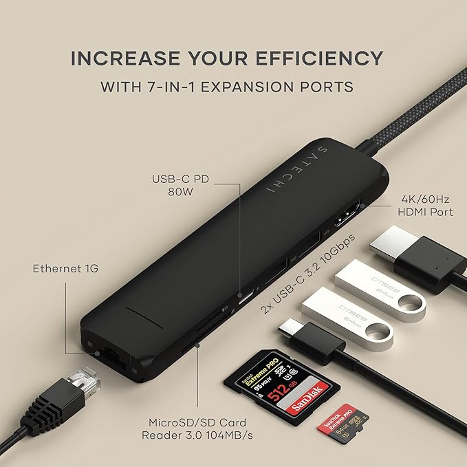 Satechi 7 in 1 USB C Hub Multiport Adapter with Ethernet, HDMI 4K@60Hz, 100W PD Charging, 2X USB-A Data Ports, Micro/SD Card Readers for MacBook Air/Pro M5/M4, iPad, Windows - Black