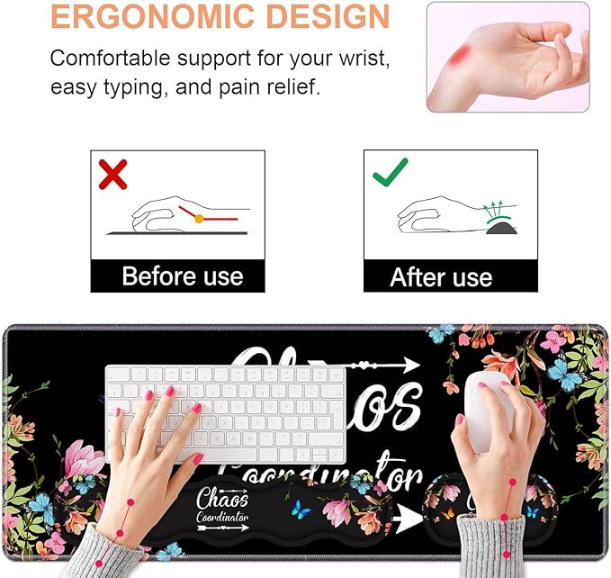 Ergonomic Keyboard Wrist Rest & Mouse Pad Wrist Rest Set, Chaos Coordinator Quote Vintage Watercolor Floral Large Gaming Desk Mat 31.5"x 11.8" with Memory Foam, Easy Typing Pain Relief for Home Office