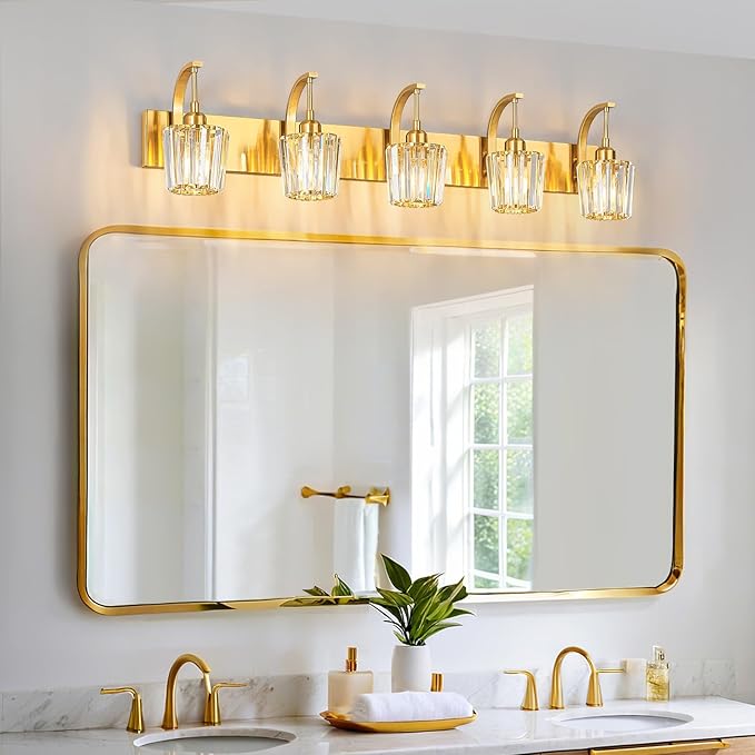 FDPBY Modern Bathroom Vanity Light, 5-Light Gold Wall Sconce with Crystal Accents, Over Mirror Bathroom Lighting Fixture, 42.52" Long Dimmable Vanity Lamp for Makeup, Easy Installation