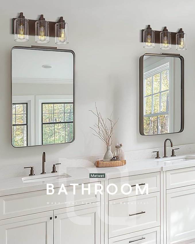 METWET 3-Light Bathroom Light Fixtures, Modern Vanity Light with Cylinder Clear Glass Shade, Vanity Lighting Fixtures Over Mirror, Oil Rubbed Bronze, VL143-ORB-3