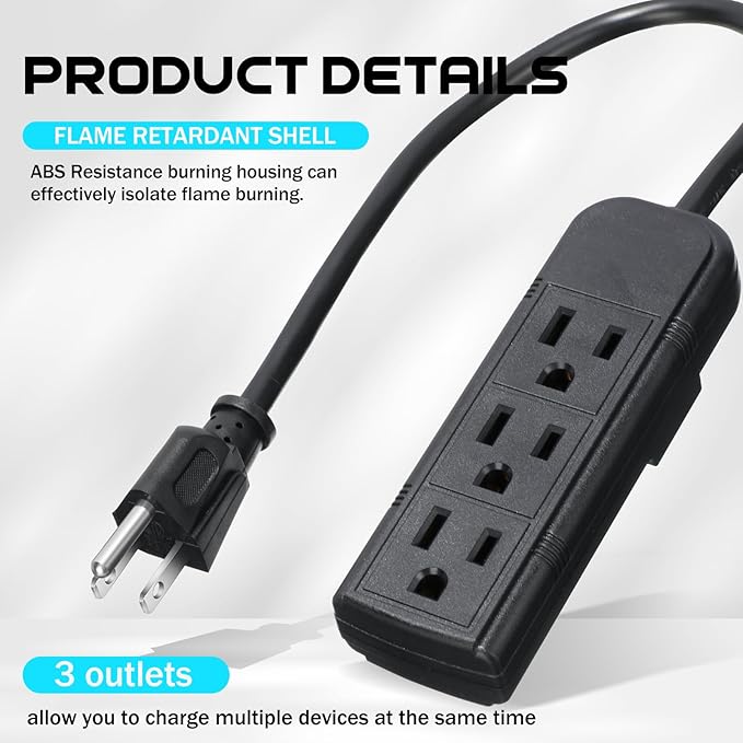 Copkim 36 Pack 3 Outlet Power Strip Extension Cord with Flat Plug Mini Cord 3 Ground Heavy Duty Mountable Outlets Strip for Computer Phone Home Office (1 ft,Black)