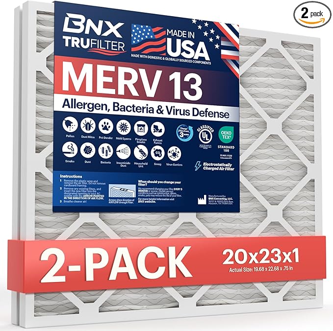 BNX TruFilter 20x23x1 Air Filter MERV 13 (2-Pack) - MADE IN USA - Electrostatic Pleated Air Conditioner HVAC AC Furnace Filters for Allergies, Pollen, Mold, Bacteria, Smoke, Allergen, MPR 1900 FPR 10