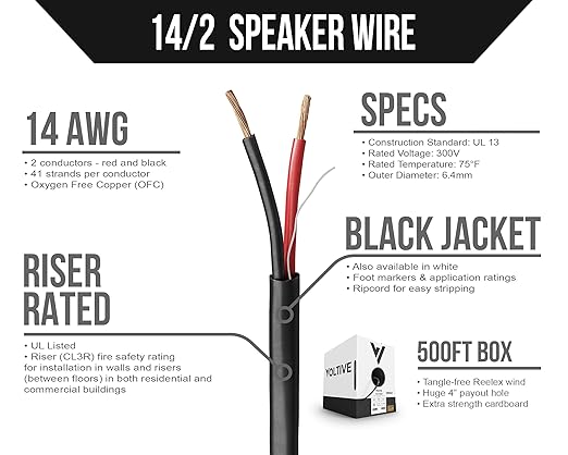 Voltive 14/2 Speaker Wire, Riser CL3R, Black, 500ft - 14AWG, 2 Conductors, Stranded Oxygen-Free Copper, UL Listed - V-1268-1